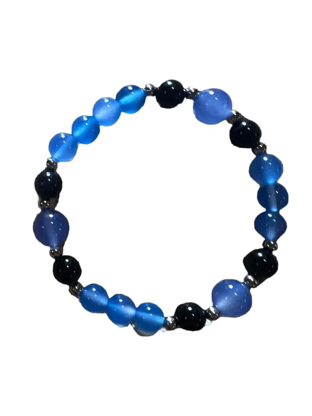 Blue Agate Black Obsidian Beaded Stretch Bracelet 6.75